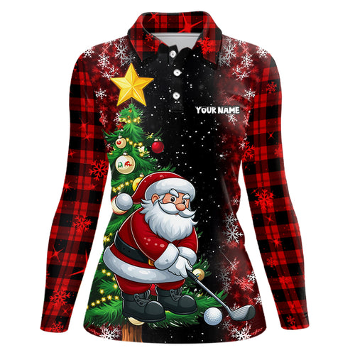 Black And Red Funny Santa Golfer Christmas Women Golf Polo Shirt Custom Pine Tree Golf Christmas Gift TDM3159