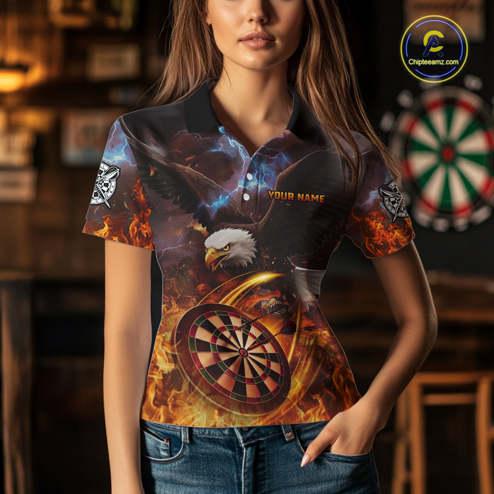 Personalized Fire Flame Eagle Darts Polo & 1/4 Zip Custom Darts Shirt For Women, Darts Team Jersey TDM5377