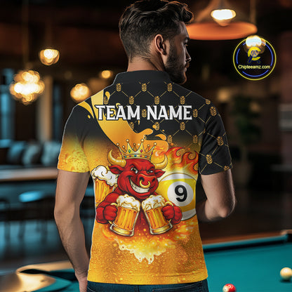 Funny Bull And Beer 8 Ball 9 Ball Billiard Shirt For Men Custom Billiard Team Jersey Polo, 1/4 Zip TDM5646