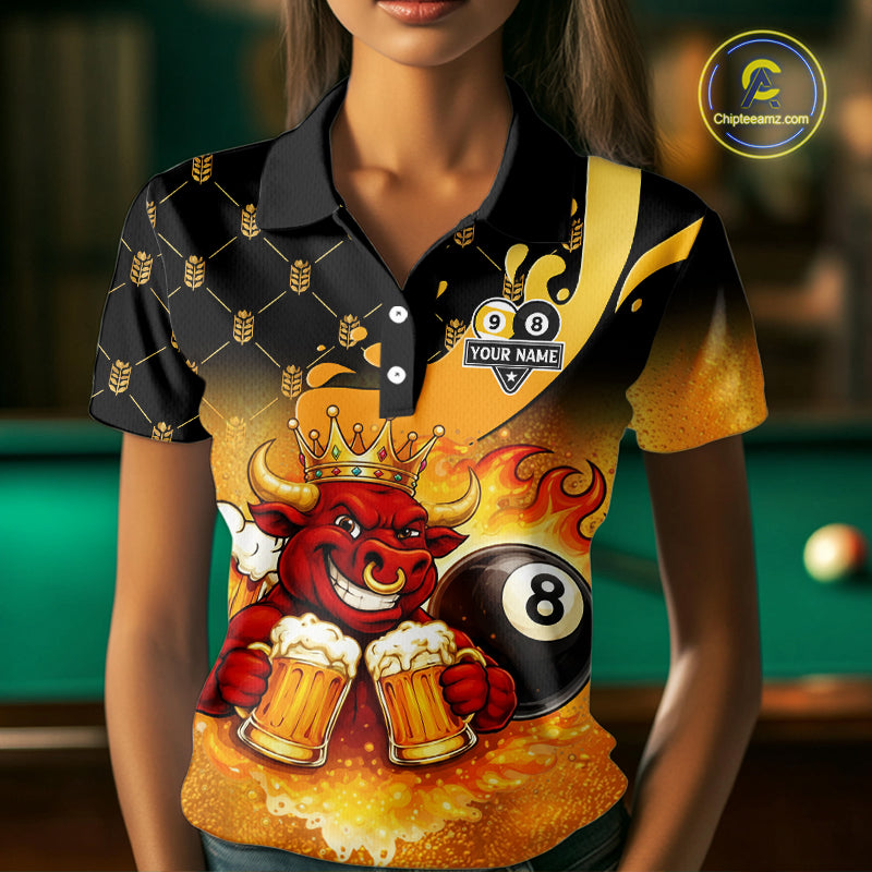 Funny Bull And Beer 8 Ball 9 Ball Billiard Shirt For Women Custom Billiard Team Jersey Polo, 1/4 Zip TDM5646