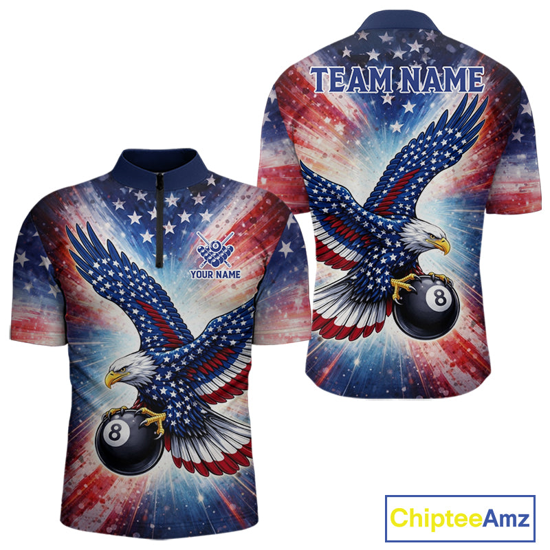 Personalized American Flag Eagle 8 Ball Billiard Shirt For Men, Patriotic Pool Team Jersey TDM5880