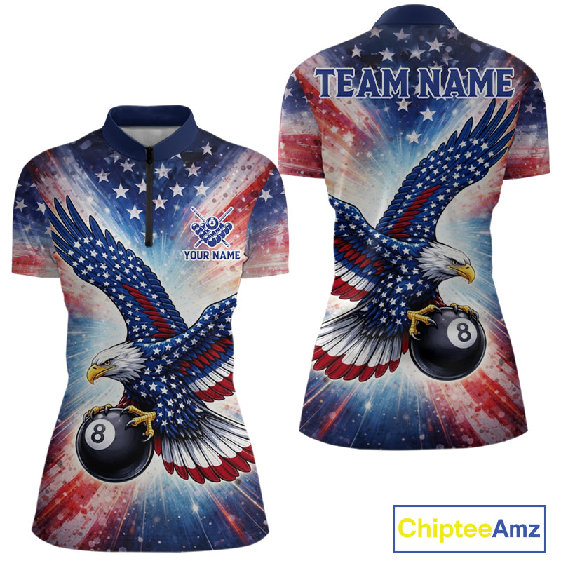 Personalized American Flag Eagle 8 Ball Billiard Shirt For Women, Patriotic Pool Team Jersey TDM5880