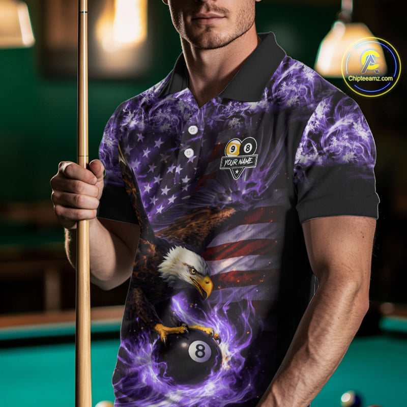Purple Flaming Eagle 8 & 9 Ball Billiard Shirt For Men Custom US Flag Pool Jersey Polo, 1/4 Zip TDM6249