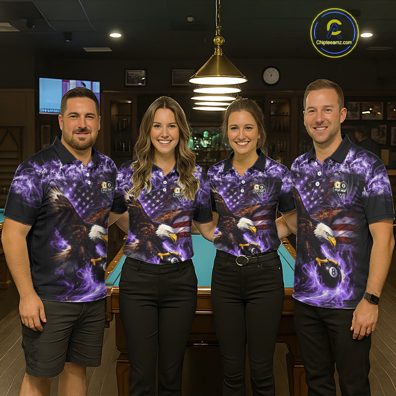 Purple Flaming Eagle 8 & 9 Ball Billiard Shirt For Men Custom US Flag Pool Jersey Polo, 1/4 Zip TDM6249