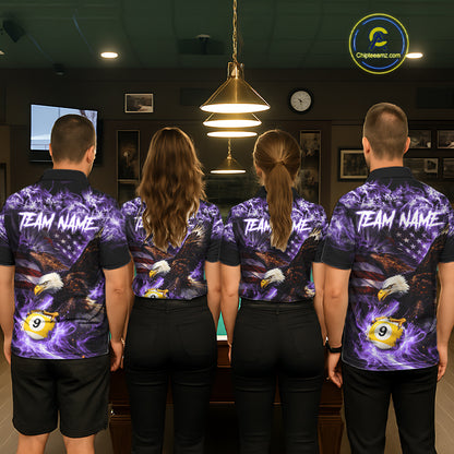 Purple Flaming Eagle 8 & 9 Ball Billiard Shirt For Men Custom US Flag Pool Jersey Polo, 1/4 Zip TDM6249