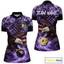 Load image into Gallery viewer, Purple Flaming Eagle 8 &amp; 9 Ball Billiard Shirt For Women Custom US Flag Pool Jersey Polo, 1/4 Zip TDM6249
