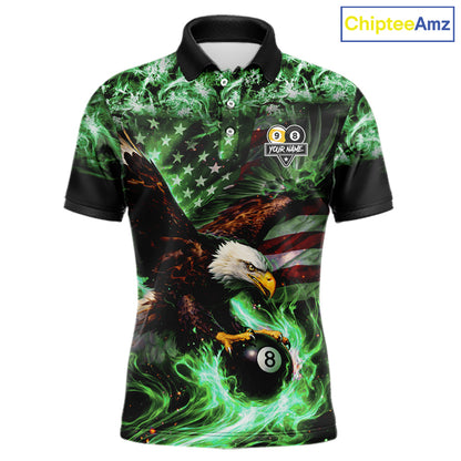 Green Flaming Eagle 8 & 9 Ball Billiard Shirt For Men Custom US Flag Pool Jersey Polo, 1/4 Zip TDM6250