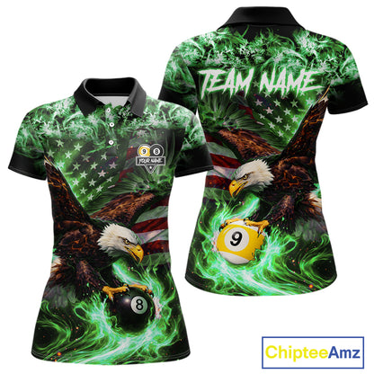 Green Flaming Eagle 8 & 9 Ball Billiard Shirt For Women Custom US Flag Pool Jersey Polo, 1/4 Zip TDM6250