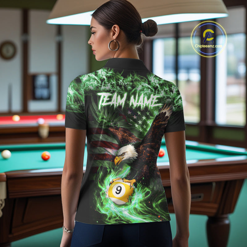 Green Flaming Eagle 8 & 9 Ball Billiard Shirt For Women Custom US Flag Pool Jersey Polo, 1/4 Zip TDM6250