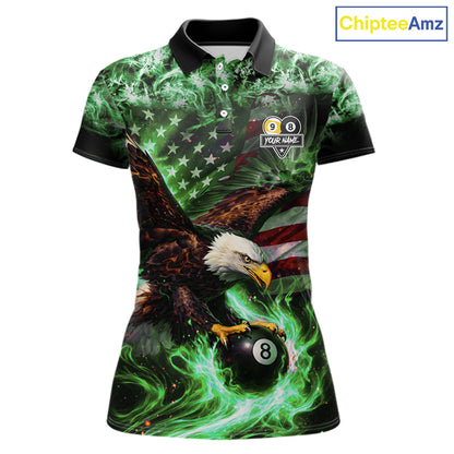 Green Flaming Eagle 8 & 9 Ball Billiard Shirt For Women Custom US Flag Pool Jersey Polo, 1/4 Zip TDM6250