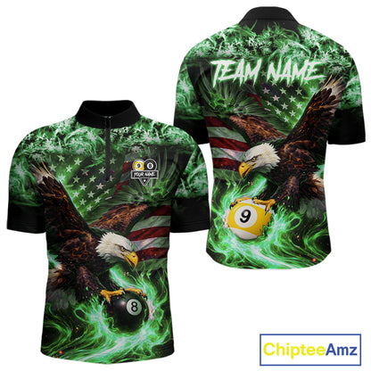 Green Flaming Eagle 8 & 9 Ball Billiard Shirt For Men Custom US Flag Pool Jersey Polo, 1/4 Zip TDM6250