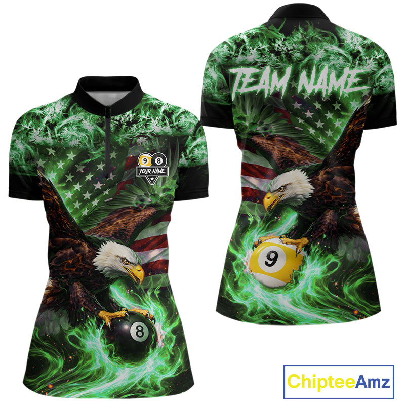 Green Flaming Eagle 8 & 9 Ball Billiard Shirt For Women Custom US Flag Pool Jersey Polo, 1/4 Zip TDM6250