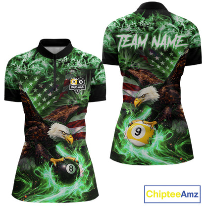Green Flaming Eagle 8 & 9 Ball Billiard Shirt For Women Custom US Flag Pool Jersey Polo, 1/4 Zip TDM6250