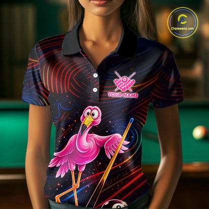 Funny Neon Flamingo 8 Ball Pool Billiard Shirt For Women Custom Billiard Team Jersey Polo & 1/4 Zip TDM6256