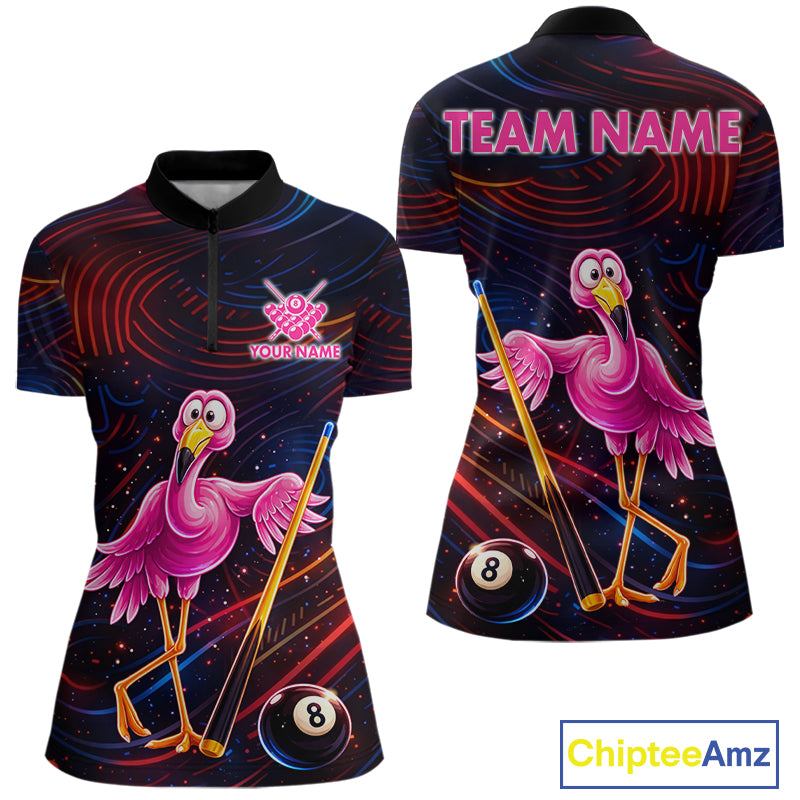 Funny Neon Flamingo 8 Ball Pool Billiard Shirt For Women Custom Billiard Team Jersey Polo & 1/4 Zip TDM6256