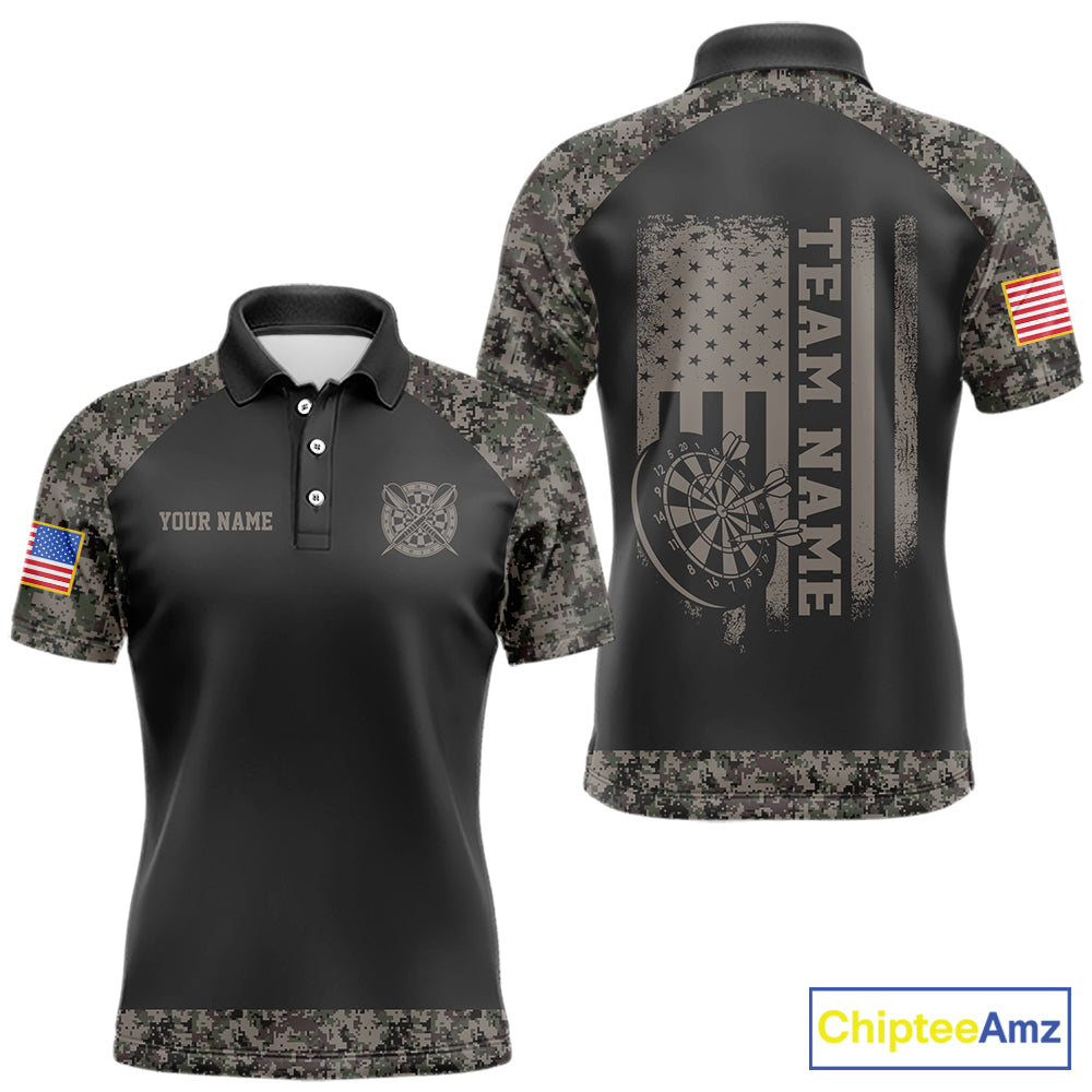 Personalized Retro Camo US Flag Darts Shirt For Men, Patriotic Darts Team Jersey Polo & 1/4 Zip TDM6260