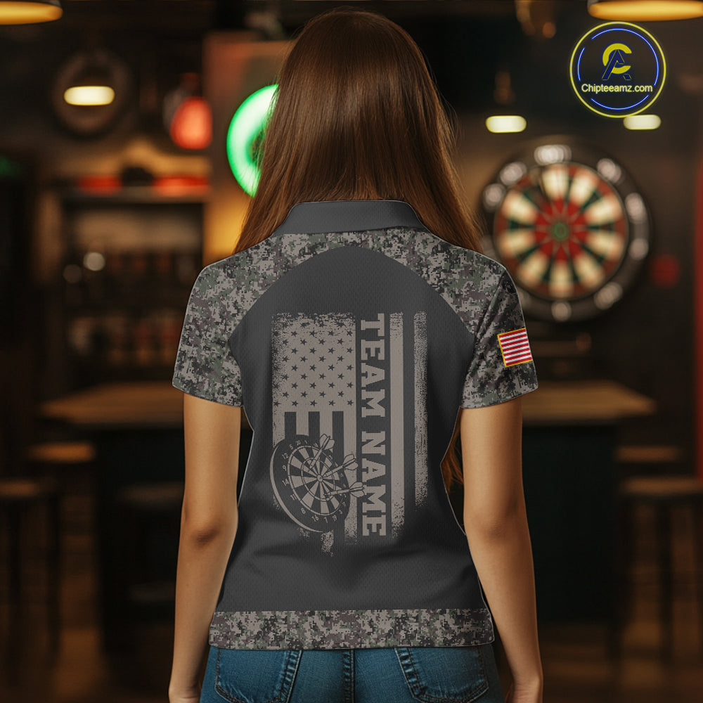 Personalized Retro Camo US Flag Darts Shirt For Women, Patriotic Darts Team Jersey Polo & 1/4 Zip TDM6260