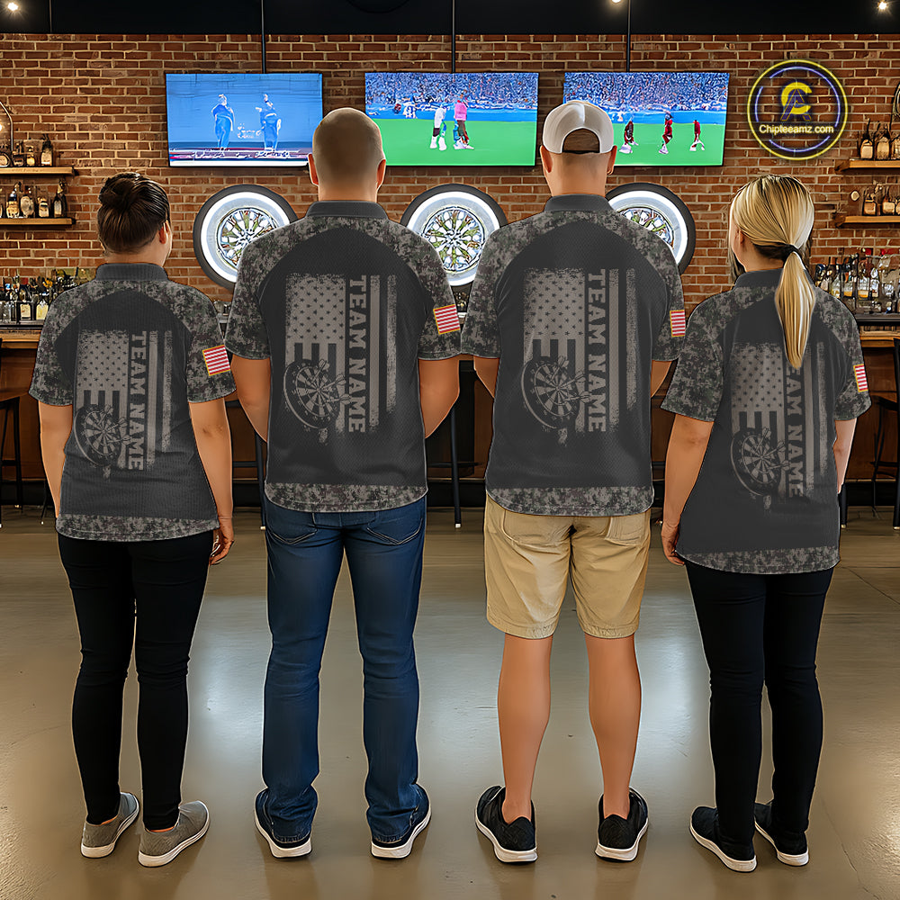 Personalized Retro Camo US Flag Darts Shirt For Women, Patriotic Darts Team Jersey Polo & 1/4 Zip TDM6260