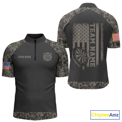 Personalized Retro Camo US Flag Darts Shirt For Men, Patriotic Darts Team Jersey Polo & 1/4 Zip TDM6260