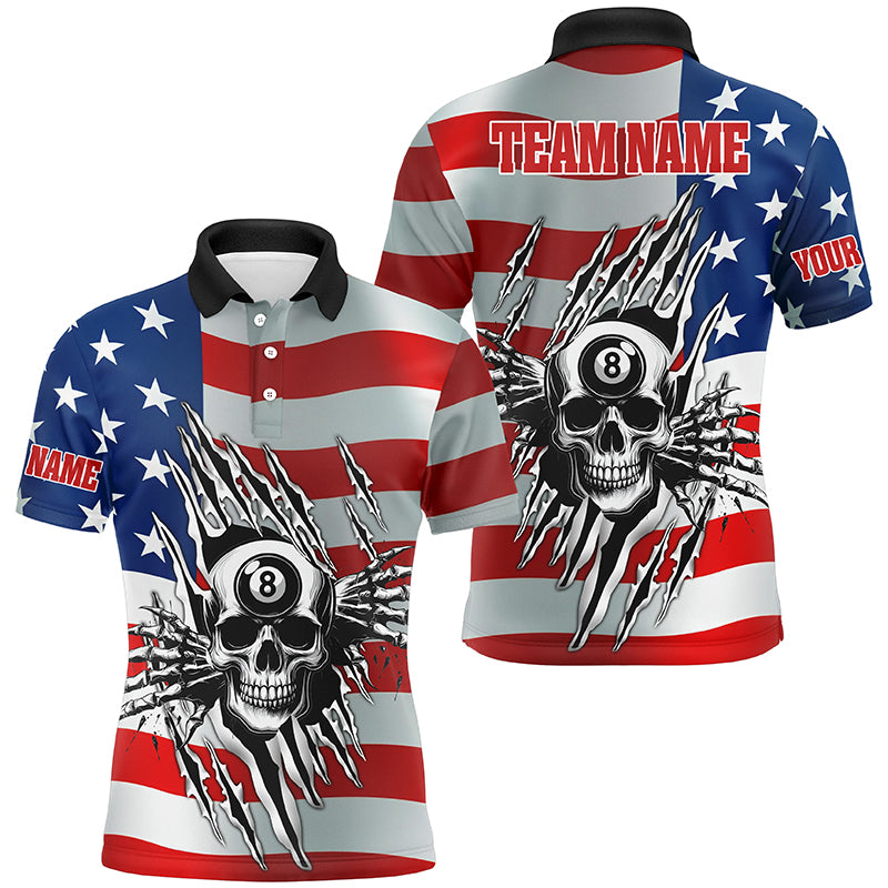 Personalized Billiard Skull American Flag Men Polo & Quarter-Zip Shirts, Patriotic Billiard Jerseys TDM1751