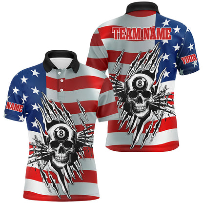 Personalized Billiard Skull American Flag Men Polo & Quarter-Zip Shirts, Patriotic Billiard Jerseys TDM1751