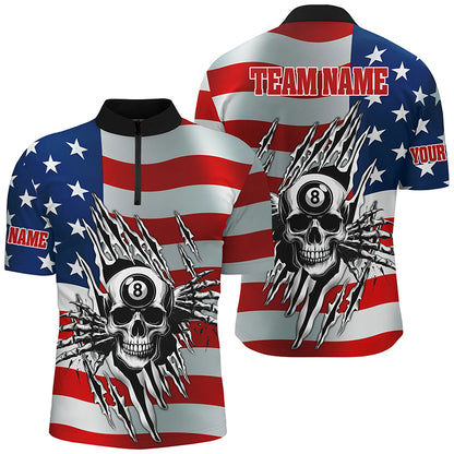 Personalized Billiard Skull American Flag Men Polo & Quarter-Zip Shirts, Patriotic Billiard Jerseys TDM1751