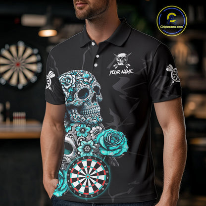 Personalized Funny Turquoise Skull Roses Darts Shirt For Men Custom Darts Team Jersey, Dart Outfit TDM4143