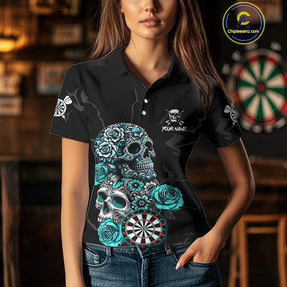 Personalized Funny Turquoise Skull Roses Darts Shirt For Women Custom Darts Team Jersey, Dart Outfit TDM4143