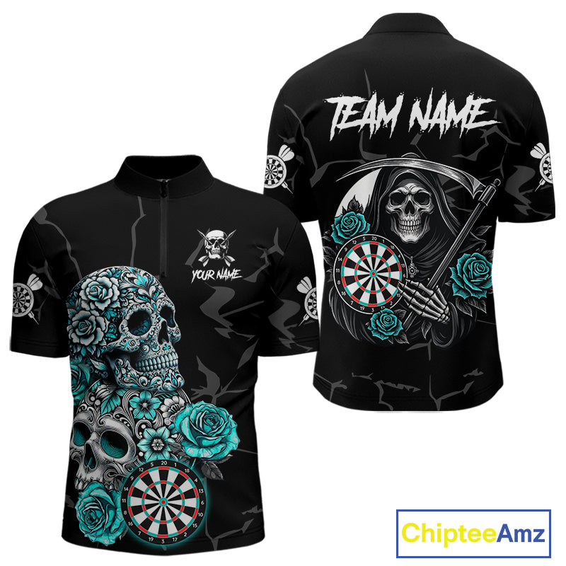 Personalized Funny Turquoise Skull Roses Darts Shirt For Men Custom Darts Team Jersey, Dart Outfit TDM4143