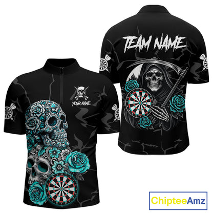 Personalized Funny Turquoise Skull Roses Darts Shirt For Men Custom Darts Team Jersey, Dart Outfit TDM4143