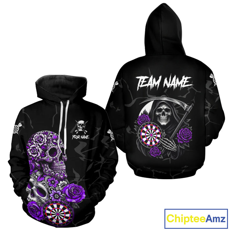 Personalized Funny Purple Skull Roses Hoodie Darts Shirt For Men Women Darts Team Jersey, Darts Gifts TDM4144