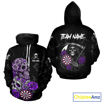 Personalized Funny Purple Skull Roses Hoodie Darts Shirt For Men Women Darts Team Jersey, Darts Gifts TDM4144