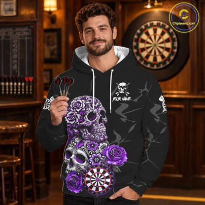 Personalized Funny Purple Skull Roses Hoodie Darts Shirt For Men Women Darts Team Jersey, Darts Gifts TDM4144