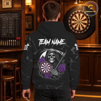 Personalized Funny Purple Skull Roses Hoodie Darts Shirt For Men Women Darts Team Jersey, Darts Gifts TDM4144