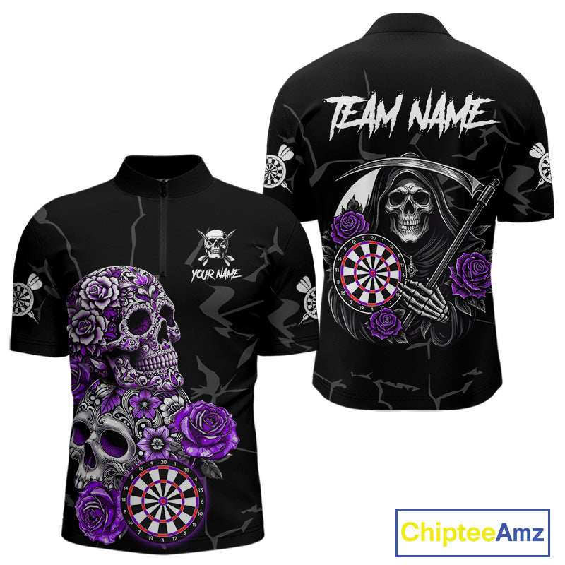 Personalized Funny Purple Skull Roses Darts Shirt For Men Custom Darts Team Jersey, Darts Outfit TDM4144