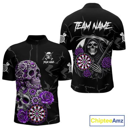 Personalized Funny Purple Skull Roses Darts Shirt For Men Custom Darts Team Jersey, Darts Outfit TDM4144