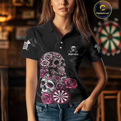 Personalized Pink Skull Roses Gothic Romance Darts Shirt For Women, Dart Jersey Outfit, Dart Gifts TDM4145