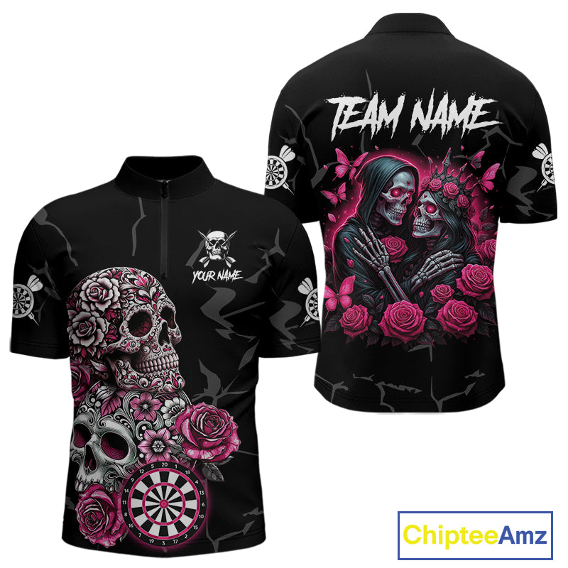 Personalized Pink Skull Roses Gothic Romance Darts Shirt For Men, Dart Jersey Outfit, Dart Gifts TDM4145