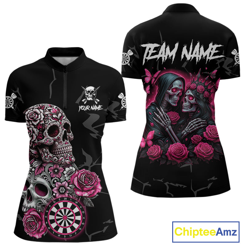 Personalized Pink Skull Roses Gothic Romance Darts Shirt For Women, Dart Jersey Outfit, Dart Gifts TDM4145