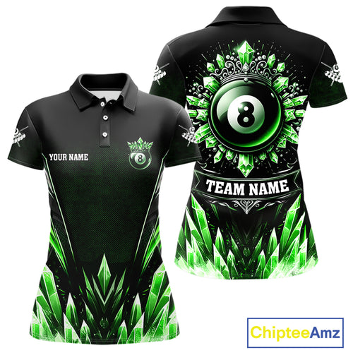 Personalized Green Icy 8 Ball Pool Crown Billiard Shirt For Women, Billiard Jersey Polo & 1/4 Zip TDM4305