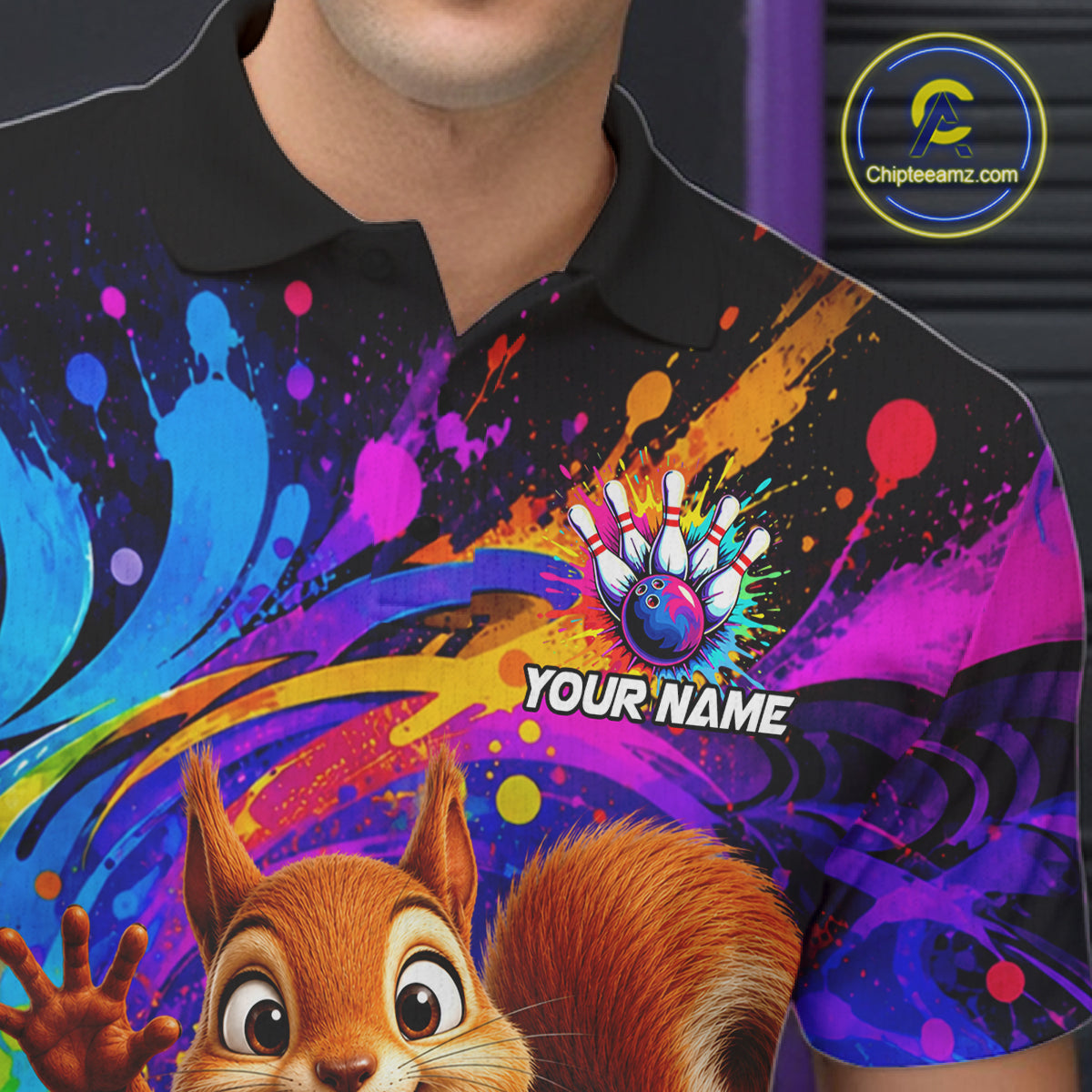 Close-up of funny squirrel colorful bowling team jersey polo shirt featuring collar, buttons and funny squirrel bowling artwork.