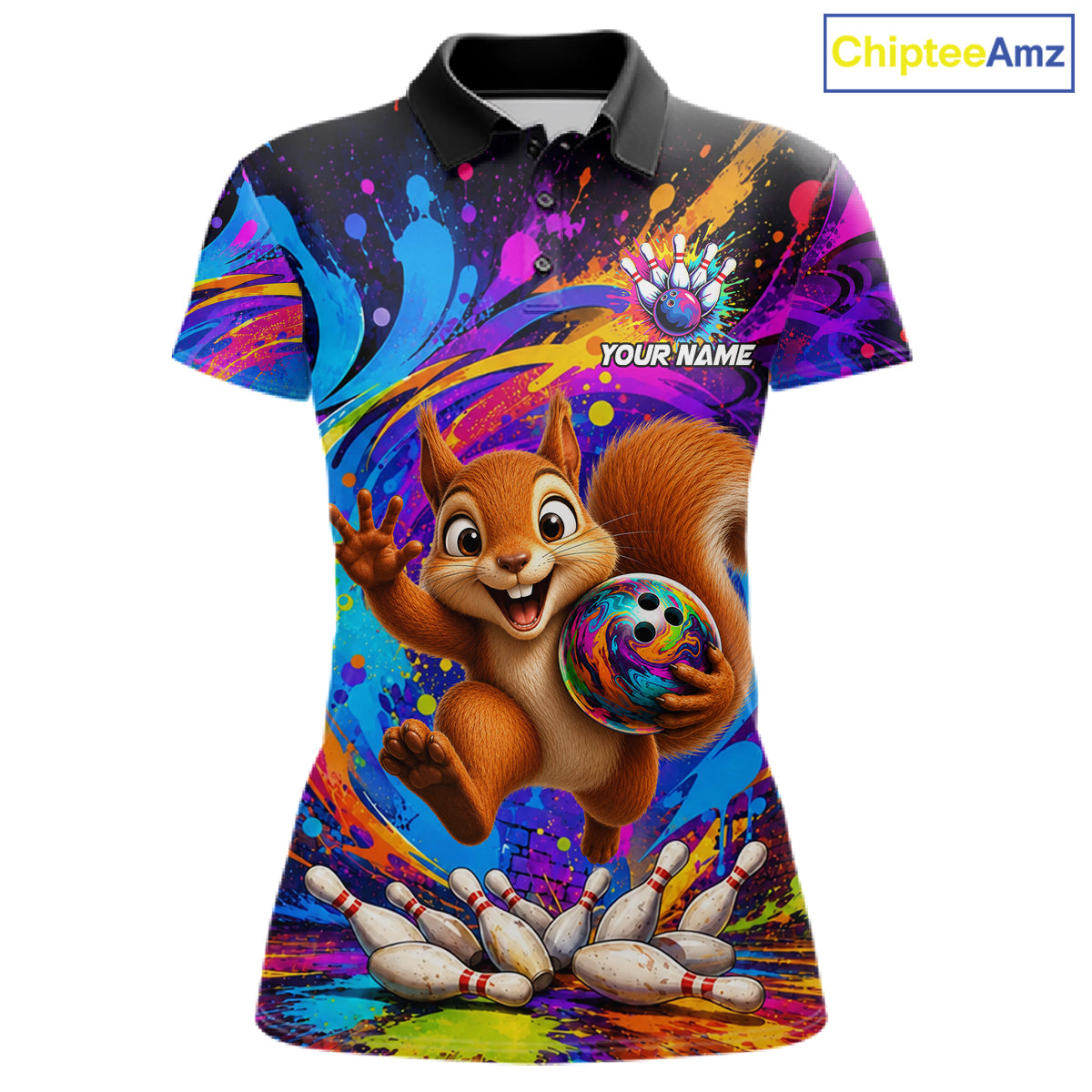 Funny pizza colorful bowling team jersey polo shirt for women featuring a fun pizza bowling design, premium custom bowling league apparel and best bowling gifts.