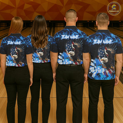 Bowling team wearing matching blue flame American flag eagle bowling team jerseys, back view.