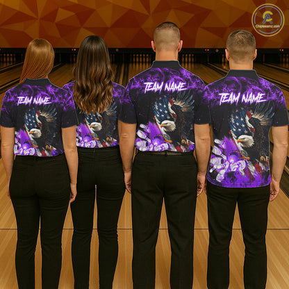 Bowling team wearing matching purple flame American flag eagle bowling team jerseys, back view.