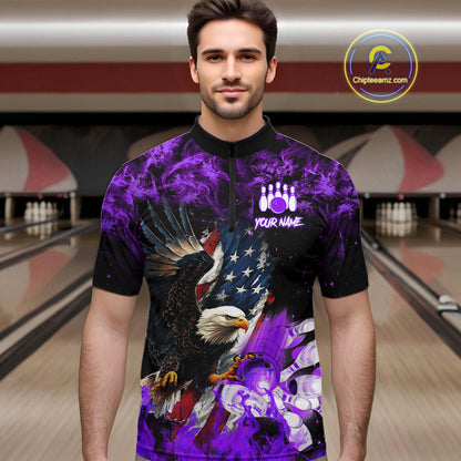 Man wearing purple flame American flag eagle bowling team jersey quarter zip shirt featuring patriotic eagle and American flag artwork, front view.