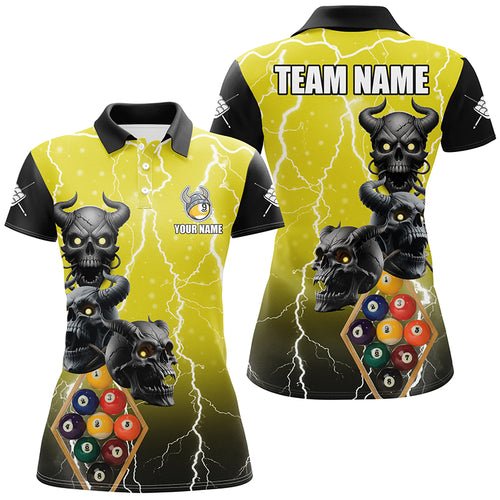 Personalized Lightning Skull 9 Ball Pool Women Billiard Shirts, Funny Yellow 9 Ball Billiard Jerseys TDM2452