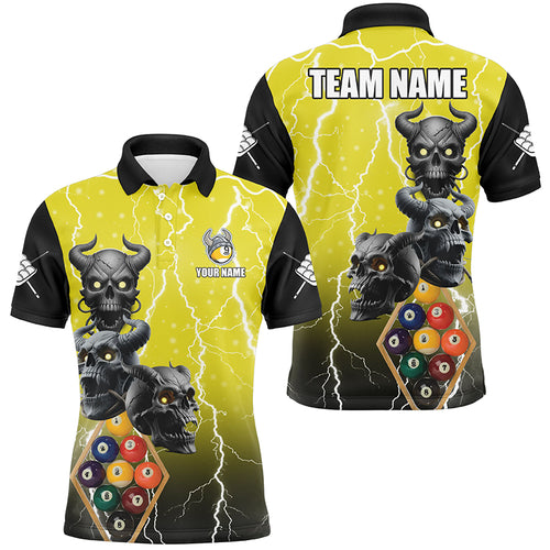 Personalized Lightning Skull 9 Ball Pool Men Billiard Shirts, Funny Yellow 9 Ball Billiard Jerseys TDM2452