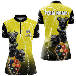 Personalized Lightning Skull 9 Ball Pool Women Billiard Shirts, Funny Yellow 9 Ball Billiard Jerseys TDM2452