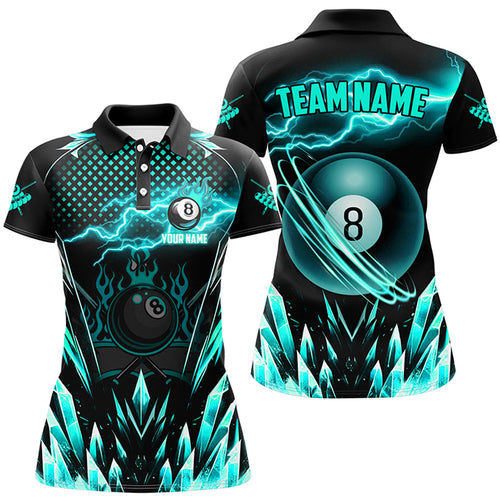 Custom Turquoise Icy Lightning 8 Ball Pool Women Polo & Quarter-Zip, Billiard Team League Jersey TDM2671