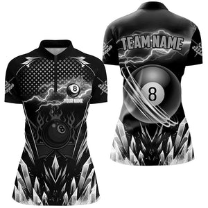 Custom Grey Icy Lightning 8 Ball Pool Women Polo & Quarter-Zip, Black Billiard Team League Jersey TDM2672